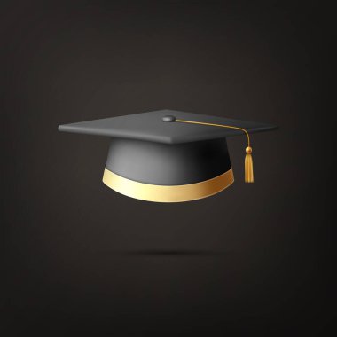 Vector 3d Gerçekçi Siyahi Mezuniyet Koleji, Lise, Siyahi Cap Kapanış Siyah Arkaplan 'da tecrit edildi. Vektör Derece Seremonisi Şapkası. Eğitici Öğrenci Sembolü, Şapka. Ön Görünüm.