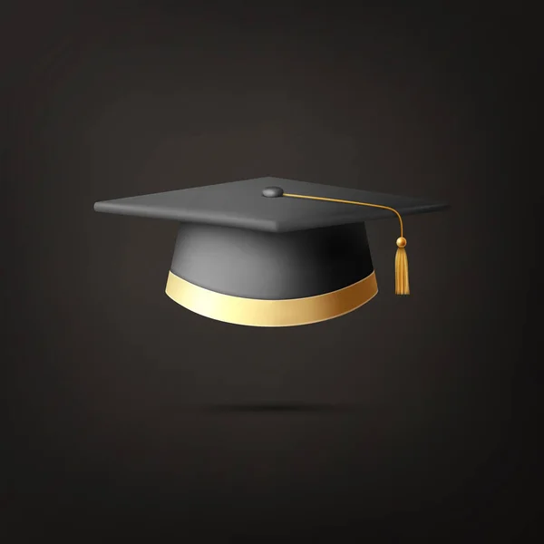 黒の背景に隔離されたベクトル3D現実的な黒の大学院大学 大学のブラックキャップアイコンの閉鎖 学位授与式の帽子 教育学生のシンボル フロントビュー — ストックベクタ