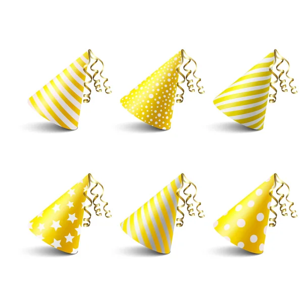 ベクトル3Dリアルな黄色と白の誕生日パーティー帽子アイコンセット白の背景に隔離されています パーティーバナーのパーティーキャップデザインテンプレート グリーティングカード 休日の帽子 コーン形状 フロントビュー — ストックベクタ