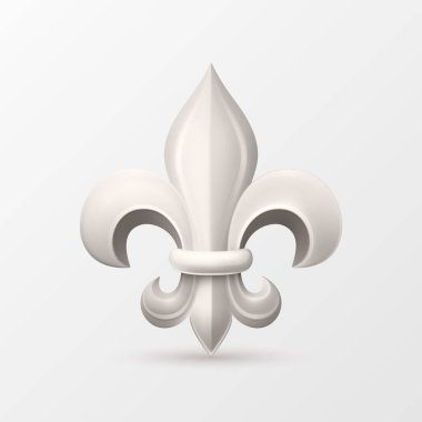 Vektör 3d Gerçekçi Beyaz Fleur De Lis Simge Kapanışı Beyaz Arkaplan 'da izole edildi. Heraldic Lily Koleksiyonu, Front View. Vektör İllüstrasyonu.