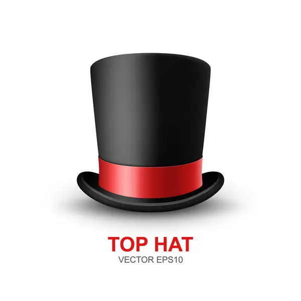 stock vector Vector 3d Realistic Black Top Hat with Red Ribbon Closeup Isolated on White Background. Classic Retro Vintage Top Hat, Vintage Gentlemans Mens Hat, Front View.