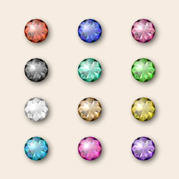 Vector Multicolor Realista Transparente Piedras Preciosas Brillantes Redondas Diamantes Cristales — Vector de stock