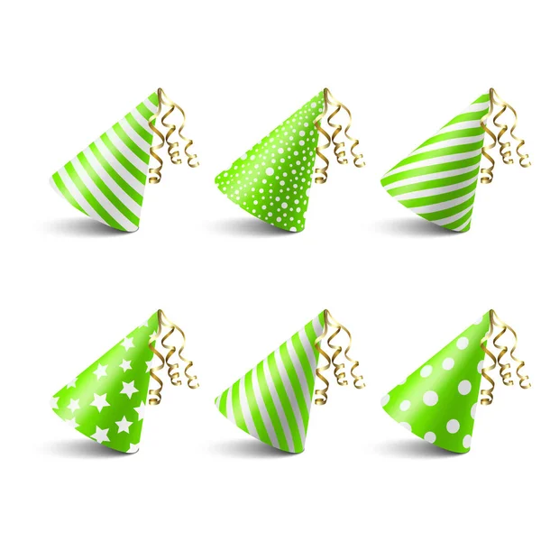 ベクトル3Dリアルな緑と白の誕生日パーティー帽子アイコンセット白の背景に隔離されています パーティーバナーのパーティーキャップデザインテンプレート グリーティングカード 休日の帽子 コーン形状 フロントビュー — ストックベクタ