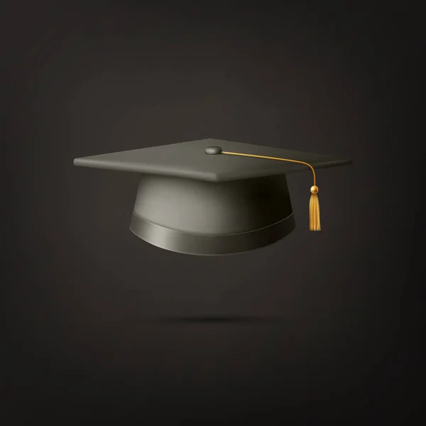 黒の背景に隔離されたベクトル3D現実的な黒の大学院大学 大学のブラックキャップアイコンの閉鎖 学位授与式の帽子 教育学生のシンボル フロントビュー — ストックベクタ