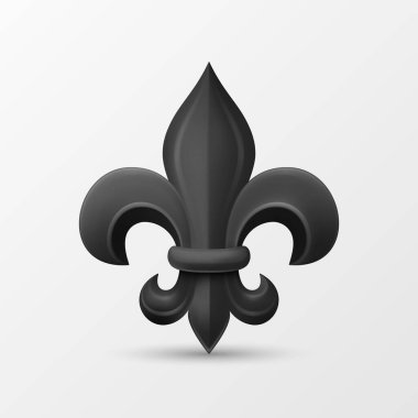 Vektör 3d Gerçekçi Siyah Fleur De Lis Simge Kapanışı Beyaz Arkaplan 'da izole edildi. Heraldic Lily Koleksiyonu, Front View. Vektör İllüstrasyonu.