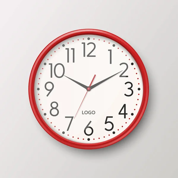 Vector Realistic Simple Red Wall Office Clock Mit Weißem Zifferblatt — Stockvektor