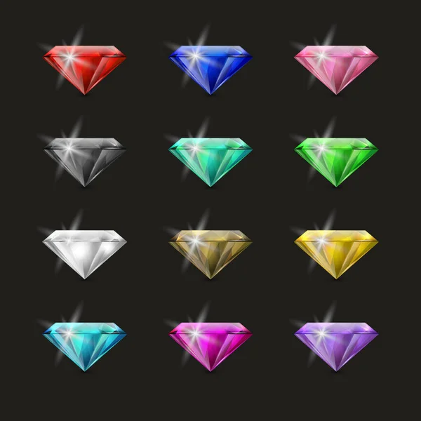 Vector Multi Colored Realistic Transparent Trangle Glowing Gemstone Diamonds Crystals — 스톡 벡터