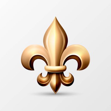 Vektör 3d Gerçekçi Altın Fleur De Lis Simge Kapanışı Beyaz Arkaplan 'da izole edildi. Heraldic Lily Koleksiyonu, Front View. Vektör İllüstrasyonu.