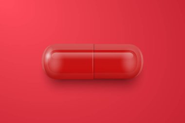 Vektör 3d Gerçekçi Kırmızı İlaç İlaç, Kapsül, Kırmızı Arkaplanda Tablet. Ön Manzara. Uzayı kopyala Tıp, Sağlık Konsepti.