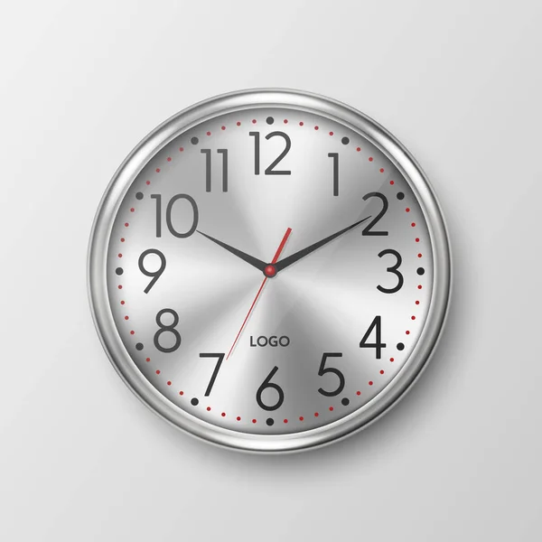 Διάνυσμα Ρεαλιστικό Απλό Γύρο Γκρι Ασημένιο Ρολόι Τοίχου Λευκό Καντράν — Διανυσματικό Αρχείο