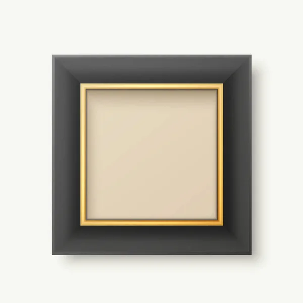 矢量3D现实黑色和金色装饰复古框架 边界图标闭塞白色背景 正方形相框设计模板 用于图片 边框设计 前视图 — 图库矢量图片