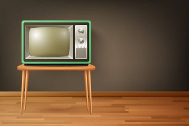 Vector 3d Gerçekçi Retro TV Alıcısı Tahta Zemin 'de. Ev Tasarımı Konsepti. Klasik TV Seti, Televizyon, Ön Görünüm.