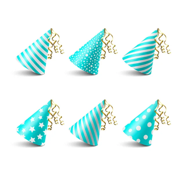 ベクトル3Dリアルな青と白の誕生日パーティー帽子アイコンセット白の背景に隔離されています パーティーバナーのパーティーキャップデザインテンプレート グリーティングカード 休日の帽子 コーン形状 フロントビュー — ストックベクタ