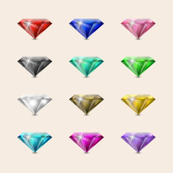Vector Multi Colored Realistic Transparent Trangle Glowing Gemstones Diamonds Crystals — Stock Vector