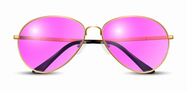 Vektör 3d Gerçekçi Modern Unisex Frame Glass. Altın Renk Çerçevesi. Mor ve Pembe Şeffaf Kadın ve Erkekler için Güneş Gözlüğü, Suç ortağı. Optik, Lens, Vintage, Moda Gözlüğü. Ön Görünüm.
