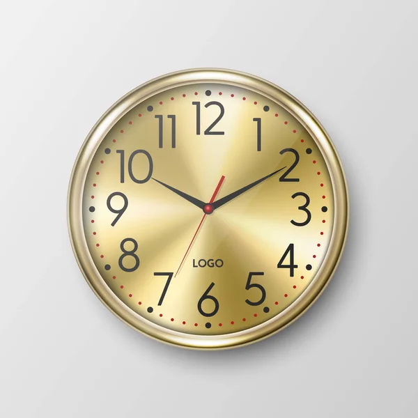 Vector Realistic Simple Yellow Golden Wall Office Clock Yellow Metal — Stock Vector