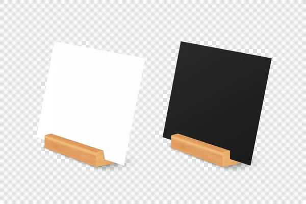 Vector Realistisches Weißes Und Schwarzes Quadratisches Blankpapierblatt Karte Auf Holzhalter — Stockvektor