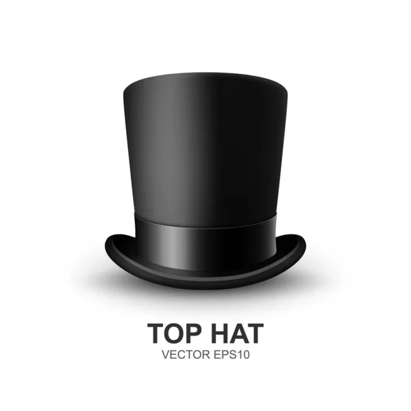 白の背景に隔離されたブラックリボンのクローズアップとベクター3D現実的なブラックトップ帽子 クラシックレトロヴィンテージトップ帽子 ヴィンテージ紳士メンズ帽子 フロントビュー — ストックベクタ