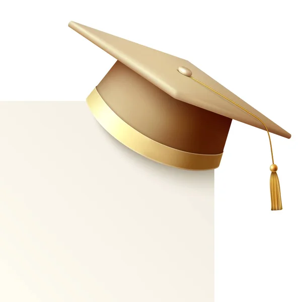ベクトル3Dリアルなゴールデン大学院大学 大学ブラックキャップアイコンブランクホワイトカードで閉じます孤立しました 学位授与式の帽子 教育学生のシンボル フロントビュー — ストックベクタ