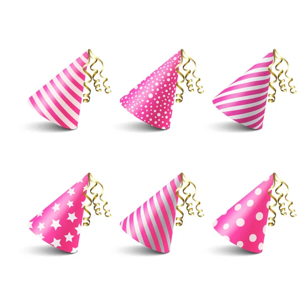 Vector Realistic Pink White Birthday Party Hat Icon Set Isolated — 스톡 벡터