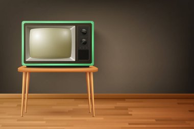 Vector 3d Gerçekçi Retro TV Alıcısı Tahta Zemin 'de. Ev Tasarımı Konsepti. Klasik TV Seti, Televizyon, Ön Görünüm.