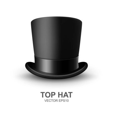 Siyah Kurdele Kapalı Siyah Şapkalı Vektör 3d Gerçekçi Siyah Şapka Beyaz Arkaplan 'da izole edildi. Klasik Retro Vintage Top Hat, Vintage Gentlemans Mens Hat, Front View.