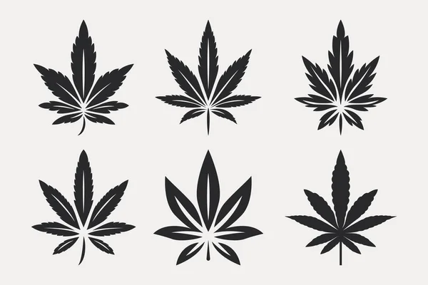 Hojas Cannabis Negro Cáñamo Silueta Hoja Cannabis Icono Plano Conjunto — Vector de stock