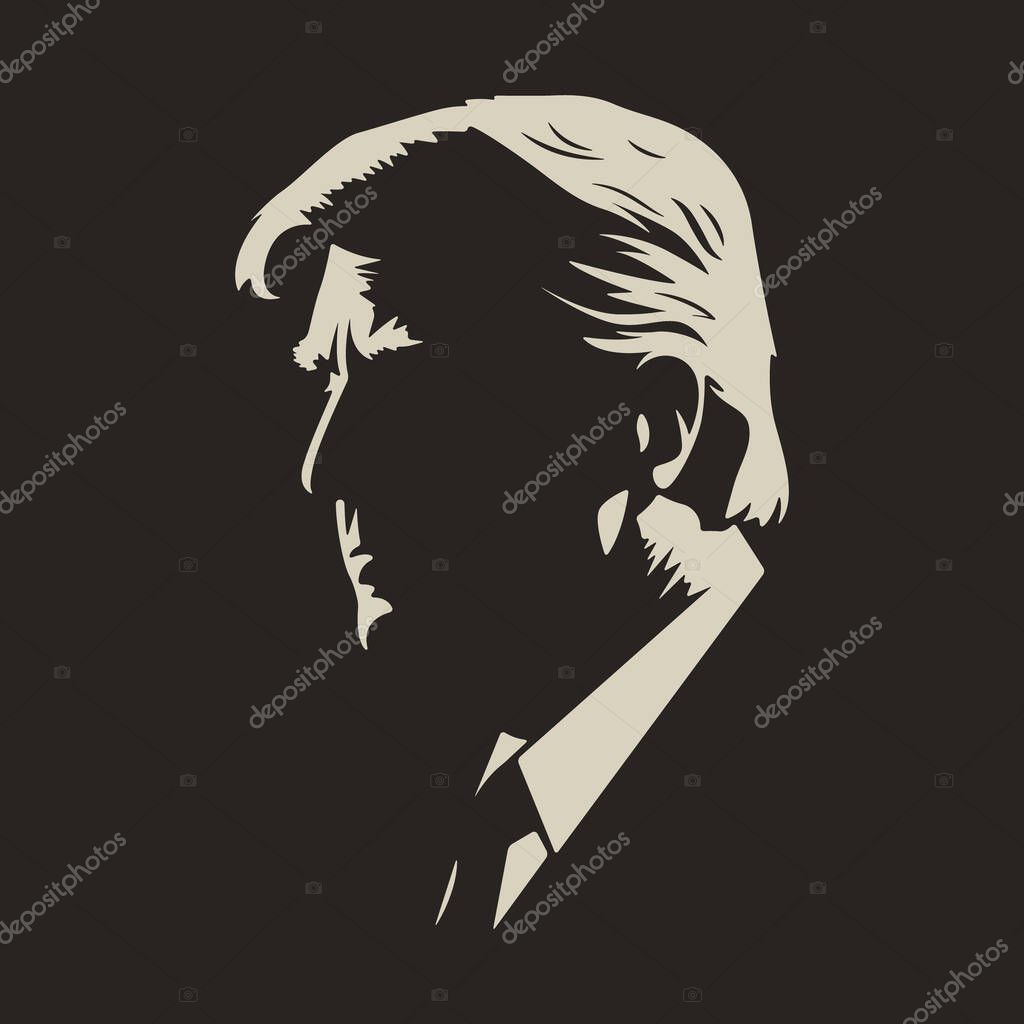 Georgia. March 13, 2023: Black and White Silhouette Portrait of Donald Trump. US President on Black Background. Side View. Vector Illustration.