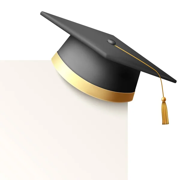ベクトル3Dリアルな黒の大学院大学 大学の黒のキャップアイコンは 空白のホワイトカードを隔離して閉じます 学位授与式の帽子 教育学生のシンボル フロントビュー — ストックベクタ