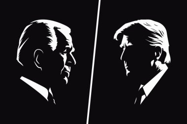 Georgia mı? 13 Mart 2023, Joe Biden ve Donald Trump 'ın Siyah ve Beyaz Siluet Portresi. Biden Trump 'a karşı. ABD Başkanı Siyah Arkaplanda. Yan Görünüm. Vektör İllüstrasyonu.