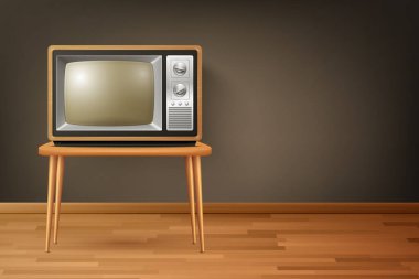 Vector 3d Gerçekçi Retro TV Alıcısı Tahta Zemin 'de. Ev Tasarımı Konsepti. Klasik TV Seti, Televizyon, Ön Görünüm.