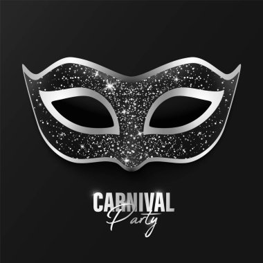 Vektör 3d Siyah ve Gümüş Karnaval Yüz Maskesi Siyah Arkaplanda Parıltı Var. Parti maskesi, Maskeli Balo Kapanışı. Maskenin Tasarım Şablonu. Karnaval, Parti, Gizli, Kahraman, Yabancı Konsepti.
