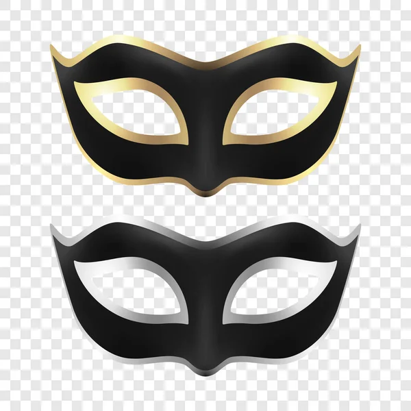 Vector Realista Negro Plata Carnaval Oro Máscara Icono Set Aislado — Vector de stock