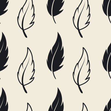 Beyaz Arkaplanda Farklı Siyah Yumuşak Tüylü Siluetleri olan Kusursuz Örnekler. Flamingo 'nun Tasarım Şablonu, Angel, Duvar Kağıdı için Kuş Tüyleri, Tekstil. Hafiflik, Özgürlük Kavramı.