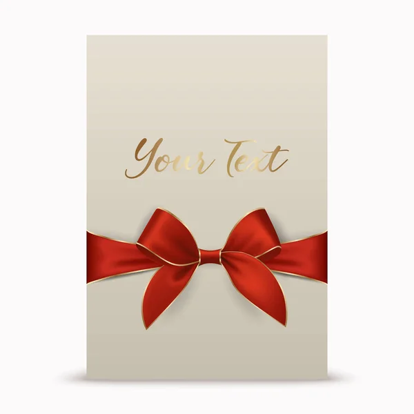 Vector Realistic Red Golden Gift Ribbon Bow White Greeting Card — Stock Vector