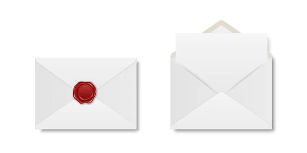 Vetor Realista Branco Envelope Fechado Com Selo Cera Vermelha Envelope — Vetor de Stock