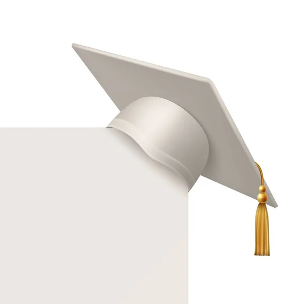 Vector Realistic White Graduate College High School Universidade Cap Closeup — Vetor de Stock