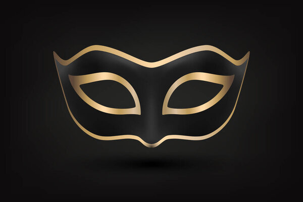 Vector 3d Realistic Black and Golden Carnival Face Mask on Black Background. Mask for Party, Masquerade Closeup. Design Template of Mask. Carnival, Party, Secret, Hero, Stranger Concept.