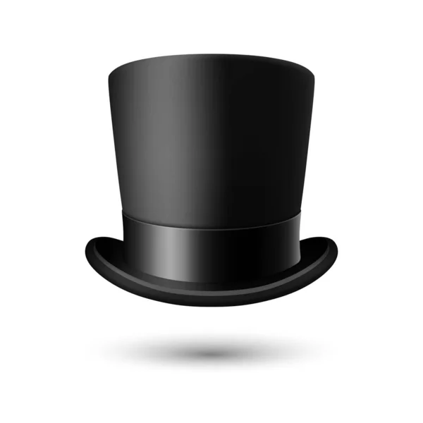 白の背景に隔離されたブラックリボンのクローズアップとベクター3D現実的なブラックトップ帽子 クラシックレトロヴィンテージトップ帽子 ヴィンテージ紳士メンズ帽子 フロントビュー — ストックベクタ