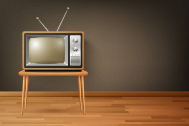 Vector 3d Gerçekçi Retro TV Alıcısı Tahta Zemin 'de. Ev Tasarımı Konsepti. Klasik TV Seti, Televizyon, Ön Görünüm.