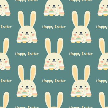 Mutlu Paskalyalar. Paskalya Sevimli Komik Çizgi Film Tavşanı ile Kusursuz Şablon. Düz Tavşanlı Paskalya Tatili Tasarımı, Tavşancık. Vektör İllüstrasyonu.