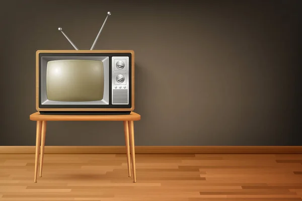 矢量3D现实复古电视接收机在木制楼层 家庭室内设计概念 复古电视机 电视机 前视镜 — 图库矢量图片