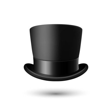 Siyah Kurdele Kapalı Siyah Şapkalı Vektör 3d Gerçekçi Siyah Şapka Beyaz Arkaplan 'da izole edildi. Klasik Retro Vintage Top Hat, Vintage Gentlemans Mens Hat, Front View.