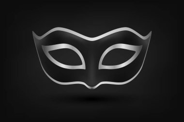 Vektör 3d Siyah ve Gümüş Karnaval Yüz Maskesi Kara Arkaplanda. Parti maskesi, Maskeli Balo Kapanışı. Maskenin Tasarım Şablonu. Karnaval, Parti, Gizli, Kahraman, Yabancı Konsepti.