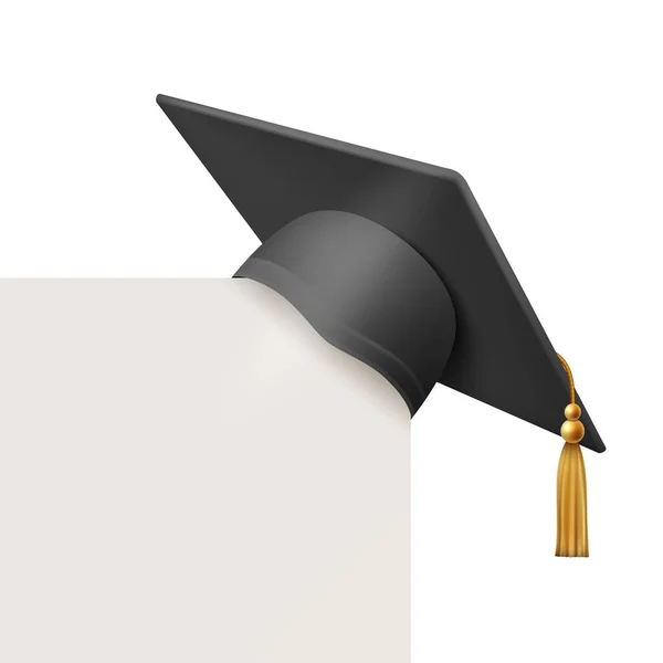 Vector Realistic Black Graduate College High School University Cap Closeup — Stock Vector
