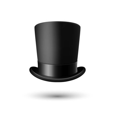 Siyah Kurdele Kapalı Siyah Şapkalı Vektör 3d Gerçekçi Siyah Şapka Beyaz Arkaplan 'da izole edildi. Klasik Retro Vintage Top Hat, Vintage Gentlemans Mens Hat, Front View.