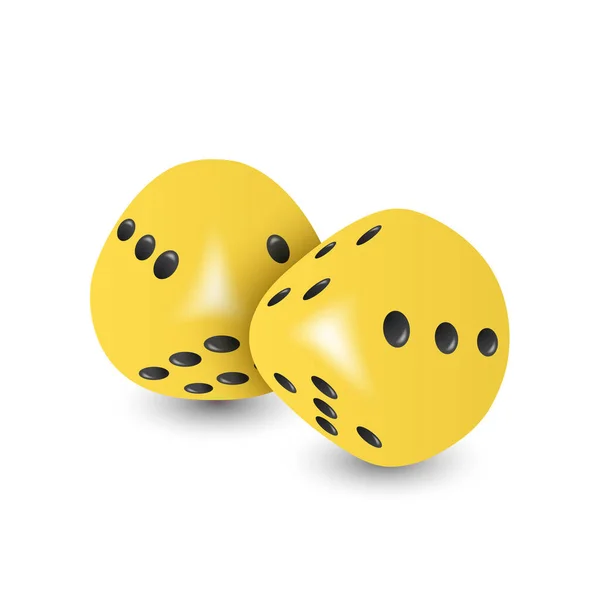 白の背景に隔離された閉鎖を設定黒ドットとベクトル3D現実的な黄色のゲームダイス 異なる位置でのギャンブルのためのゲームキューブカップル カジノのダイス ラウンドエッジ — ストックベクタ