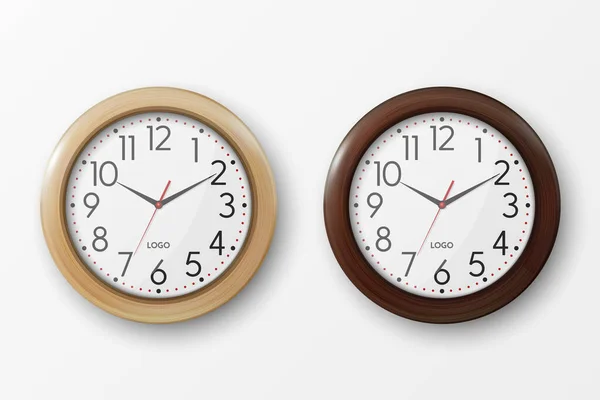 Vector Realistic Simple Brown Wall Office Clock Mit Weißem Zifferblatt — Stockvektor