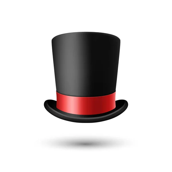 白の背景に隔離された赤いリボンの閉鎖を持つベクトル3D現実的なブラックトップハット クラシックレトロヴィンテージトップ帽子 ヴィンテージ紳士メンズ帽子 フロントビュー — ストックベクタ