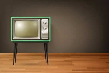 Vector 3d Gerçekçi Retro TV Alıcısı Tahta Zemin 'de. Ev Tasarımı Konsepti. Klasik TV Seti, Televizyon, Ön Görünüm.